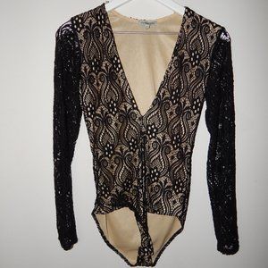 Charlotte Russe Black Lace Long Sleeve Bodysuit